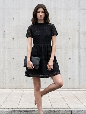 Rachel Parcell Black Lace Short-Sleeve Fit & Flare Mini Dress